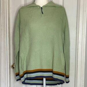 Denim&Co Mint Green Half-Zip Hooded Sweater with Striped Hem